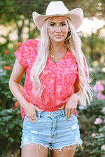 Load image into Gallery viewer, Pink Leopard V Neck Short Sleeve Blouse - Fashion Queen - 1