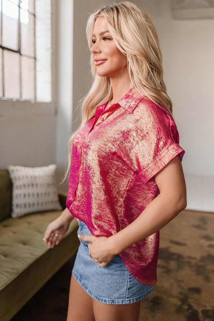 Pink Metallic Sheen Short Sleeve Buttoned Front Casual Shirt - Fashion Queen -  13