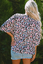 Load image into Gallery viewer, Pink Multicolor Leopard Print V Neck Oversized Blouse - Fashion Queen - 2