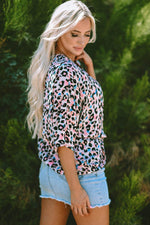 Load image into Gallery viewer, Pink Multicolor Leopard Print V Neck Oversized Blouse - Fashion Queen - 3