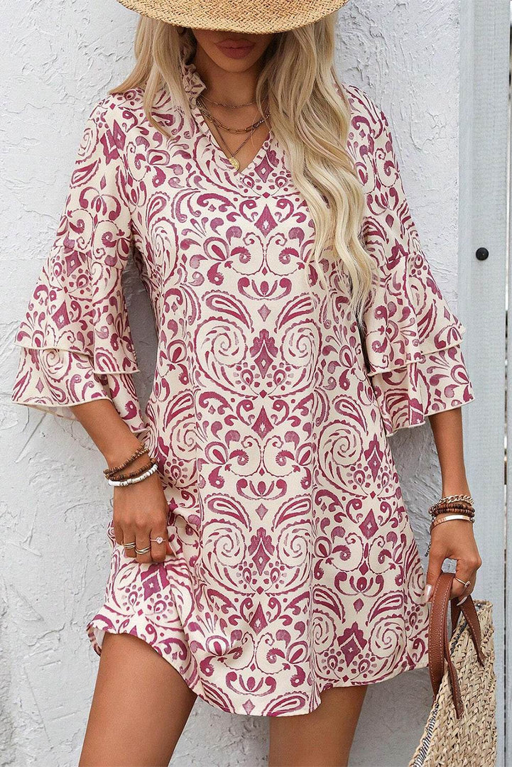 Pink Paisley Print Tiered 3/4 Sleeve Notched Neck Mini Dress - Fashion Queen -  7