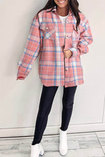 Load image into Gallery viewer, Pink Plaid Flap Pocket Button Up Shacket - Fashion Queen - 10