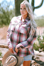 Load image into Gallery viewer, Pink Plaid Flap Pocket Button Up Shacket - Fashion Queen - 3