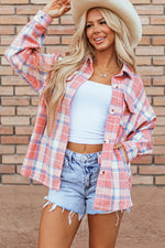 Load image into Gallery viewer, Pink Plaid Flap Pocket Button Up Shacket - Fashion Queen - 6
