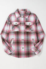 Load image into Gallery viewer, Pink Plaid Flap Pocket Button Up Shacket - Fashion Queen - 7
