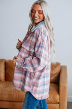 Load image into Gallery viewer, Pink Plaid Print Color Block Collared Flap Pockets Loose Shacket - Fashion Queen - 2