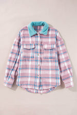 Load image into Gallery viewer, Pink Plaid Print Color Block Collared Flap Pockets Loose Shacket - Fashion Queen - 4