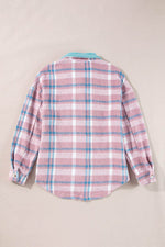 Load image into Gallery viewer, Pink Plaid Print Color Block Collared Flap Pockets Loose Shacket - Fashion Queen - 5