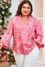 Load image into Gallery viewer, Pink Plus Size Floral Print Frilled Neck Puff Sleeve Top - Fashion Queen - 3
