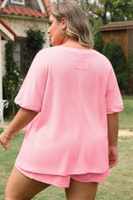 Load image into Gallery viewer, Pink Plus Size Ribbed Exposed Seam Tee and Shorts Set - Fashion Queen - 13