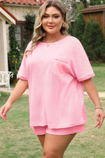 Load image into Gallery viewer, Pink Plus Size Ribbed Exposed Seam Tee and Shorts Set - Fashion Queen - 14