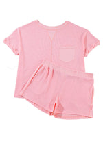 Load image into Gallery viewer, Pink Plus Size Ribbed Exposed Seam Tee and Shorts Set - Fashion Queen - 19