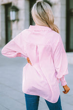 Load image into Gallery viewer, Pink Smocked Cuffed Striped Boyfriend Shirt with Pocket - Fashion Queen - 12