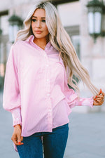 Load image into Gallery viewer, Pink Smocked Cuffed Striped Boyfriend Shirt with Pocket - Fashion Queen - 14