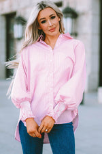 Load image into Gallery viewer, Pink Smocked Cuffed Striped Boyfriend Shirt with Pocket - Fashion Queen - 15