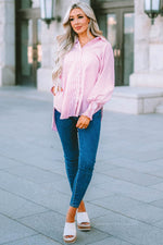 Load image into Gallery viewer, Pink Smocked Cuffed Striped Boyfriend Shirt with Pocket - Fashion Queen - 17