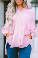 Load image into Gallery viewer, Pink Smocked Cuffed Striped Boyfriend Shirt with Pocket - Fashion Queen - 18