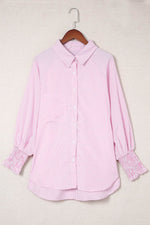 Load image into Gallery viewer, Pink Smocked Cuffed Striped Boyfriend Shirt with Pocket - Fashion Queen - 19