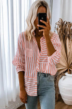 Load image into Gallery viewer, Pink Stripe Buttoned Long Sleeve Casual Shirt - Fashion Queen - 5