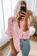 Load image into Gallery viewer, Pink Stripe Buttoned Long Sleeve Casual Shirt - Fashion Queen - 8