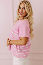 Load image into Gallery viewer, Pink Stripe Ribbed Loose Plus T Shirt - Fashion Queen - 10