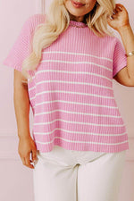 Load image into Gallery viewer, Pink Stripe Ribbed Loose Plus T Shirt - Fashion Queen - 8