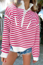 Load image into Gallery viewer, Pink Stripe Zip up Collar Drop Shoulder Sweater - Fashion Queen - 1