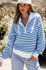 Load image into Gallery viewer, Pink Stripe Zip up Collar Drop Shoulder Sweater - Fashion Queen - 10