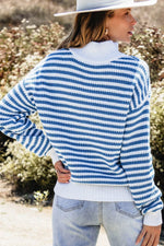 Load image into Gallery viewer, Pink Stripe Zip up Collar Drop Shoulder Sweater - Fashion Queen - 11