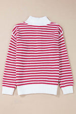 Load image into Gallery viewer, Pink Stripe Zip up Collar Drop Shoulder Sweater - Fashion Queen - 13