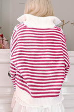 Load image into Gallery viewer, Pink Stripe Zip up Collar Drop Shoulder Sweater - Fashion Queen - 2