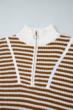 Load image into Gallery viewer, Pink Stripe Zip up Collar Drop Shoulder Sweater - Fashion Queen - 22