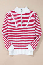 Load image into Gallery viewer, Pink Stripe Zip up Collar Drop Shoulder Sweater - Fashion Queen - 3