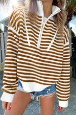 Load image into Gallery viewer, Pink Stripe Zip up Collar Drop Shoulder Sweater - Fashion Queen - 4