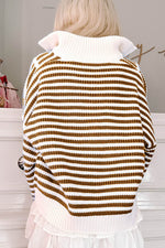Load image into Gallery viewer, Pink Stripe Zip up Collar Drop Shoulder Sweater - Fashion Queen - 5