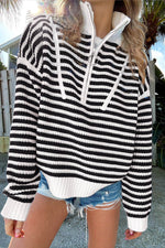 Load image into Gallery viewer, Pink Stripe Zip up Collar Drop Shoulder Sweater - Fashion Queen - 7