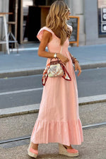Load image into Gallery viewer, Pink V Neck Flutter Sleeve Smocked Bodice High Waist Ruffle Maxi Dress - Fashion Queen - 2