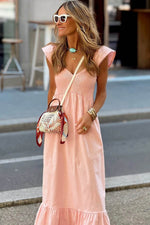 Load image into Gallery viewer, Pink V Neck Flutter Sleeve Smocked Bodice High Waist Ruffle Maxi Dress - Fashion Queen - 3