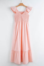 Load image into Gallery viewer, Pink V Neck Flutter Sleeve Smocked Bodice High Waist Ruffle Maxi Dress - Fashion Queen - 4