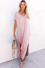 Load image into Gallery viewer, Pink V Neck Hidden Pocket Splits Maxi T-shirt Dress - Fashion Queen - 3