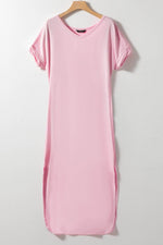 Load image into Gallery viewer, Pink V Neck Hidden Pocket Splits Maxi T-shirt Dress - Fashion Queen - 4