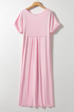 Load image into Gallery viewer, Pink V Neck Hidden Pocket Splits Maxi T-shirt Dress - Fashion Queen - 5