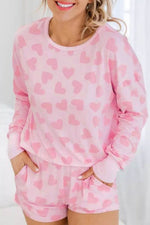 Load image into Gallery viewer, Pink Valentine Heart Shape Print Long Sleeve Top Shorts Lounge Set - Fashion Queen - 1