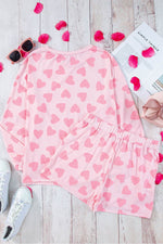 Load image into Gallery viewer, Pink Valentine Heart Shape Print Long Sleeve Top Shorts Lounge Set - Fashion Queen - 10