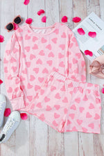 Load image into Gallery viewer, Pink Valentine Heart Shape Print Long Sleeve Top Shorts Lounge Set - Fashion Queen - 3