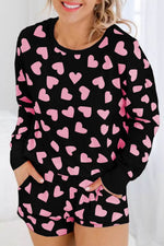Load image into Gallery viewer, Pink Valentine Heart Shape Print Long Sleeve Top Shorts Lounge Set - Fashion Queen - 4