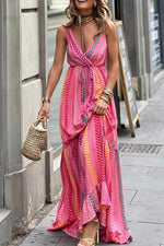 Load image into Gallery viewer, Pink Western Printed Tassel Tie V Neck Wrap Maxi Dress - Fashion Queen - 1