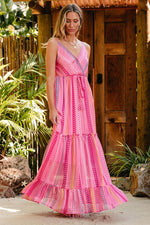 Load image into Gallery viewer, Pink Western Printed Tassel Tie V Neck Wrap Maxi Dress - Fashion Queen - 7