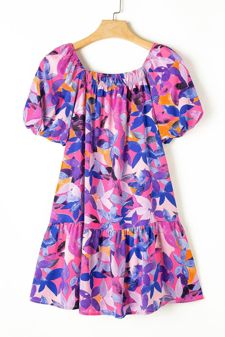 Purple Flower Print Short Puff Sleeve Ruffled Dress - Fashion Queen -  16