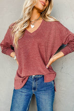 Load image into Gallery viewer, Racing Red Side Slits V Neck Loose Fit Tunic Top - Fashion Queen - 1